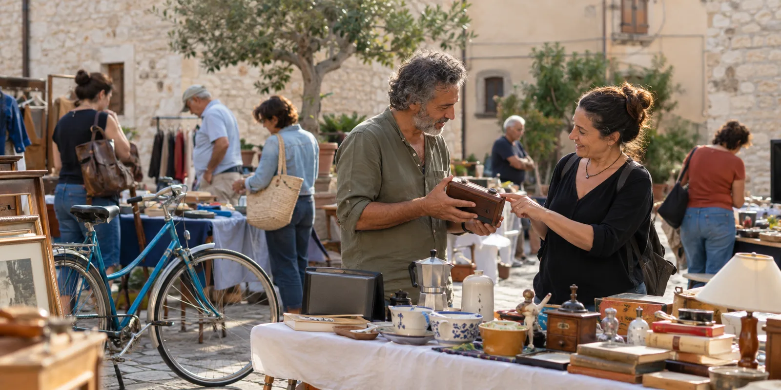 Persone che scoprono oggetti in un mercatino locale della community